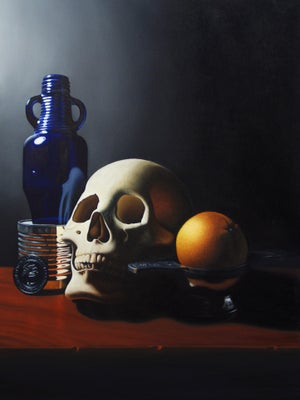 Vanitas with Marine Corps Coin by Patrick Nevins | Oil on Panel Still Life with Skull and Objects