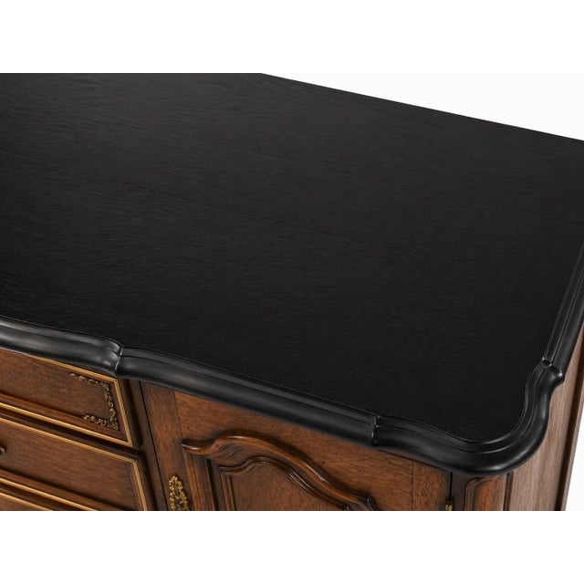 Black Vintage French Provincial Sideboard Buffet – Black Satin Top & Skirt, Tobacco Wood Finish, Gilt Hardware – 60” For Sale - Image 8 of 12