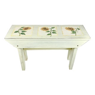 1970s Vintage Arts & Crafts Farmhouse Sunflower Folk Art Painted Pine Bench For Sale