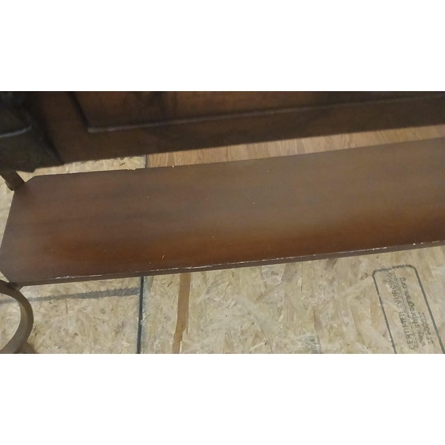 Brown World Map Suitcase Console Table Leather Straps & Buckles, Wrought Iron Base For Sale - Image 8 of 9