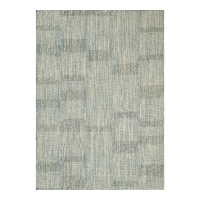Rug & Kilim’s Contemporary Kilim in Textural Blue and Cream White Stripes For Sale