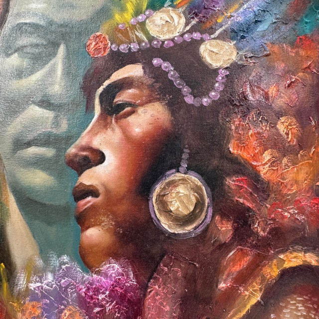 Striking original oil painting on panel depicting an Indigenous warrior figure adorned with a ceremonial headdress and...