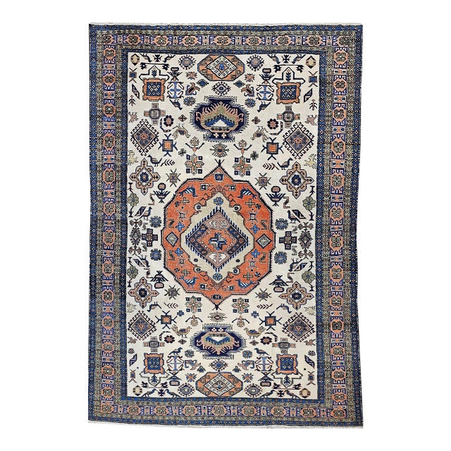 Vintage Persian Ardabil Rug, Hand-Knotted Wool, Geometric Pattern, Ivory & Brick, 8x11 For Sale