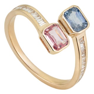 Pink & Blue Toi Et Moi 1 Carat Sapphire Ring in 14k Yellow Gold Size 5.5 For Sale