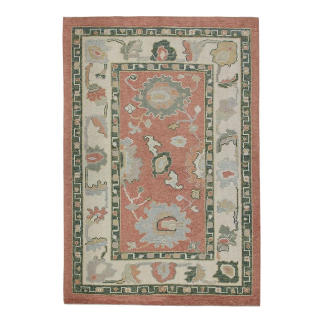 Red & Green Handwoven Turkish Oushak Rug 3'8" X 6' For Sale