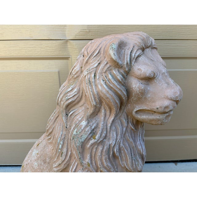 Vintage Italian Provincial Cast Concrete Lion Garden Statue With Weathered Terracotta Finish For Sale - Image 4 of 12