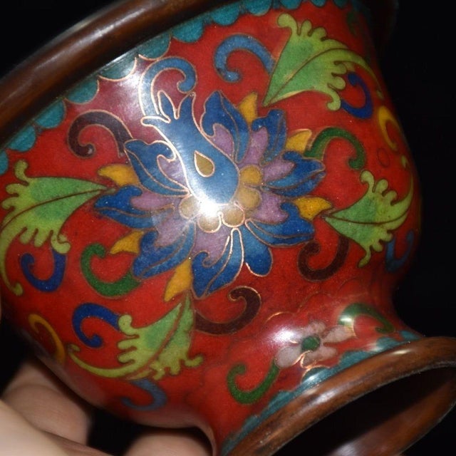 Cloisonne Enamel Stemmed Bowl, Copper Wire Inlaid Floral Pattern For Sale - Image 9 of 9