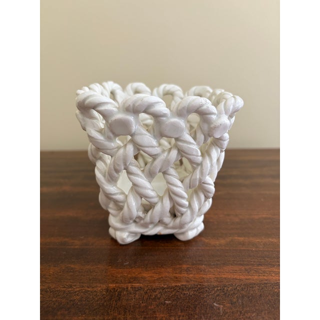 1980s French Country White Ceramic Woven Rope Cachepot Basket For Sale - Image 5 of 8