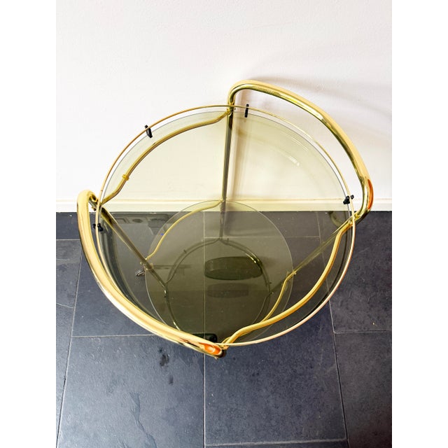 Metal Vintage Brass Serving Bar Cart with Smoked Glass Shelves, 1970s For Sale - Image 7 of 14