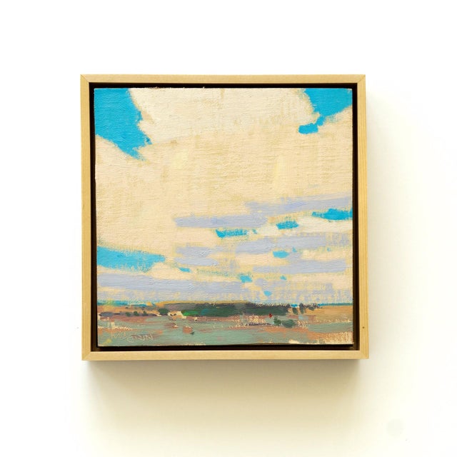 This artwork captures the expansive skies of Southern Colorado, characterized by broad strokes of soft blues and creamy...