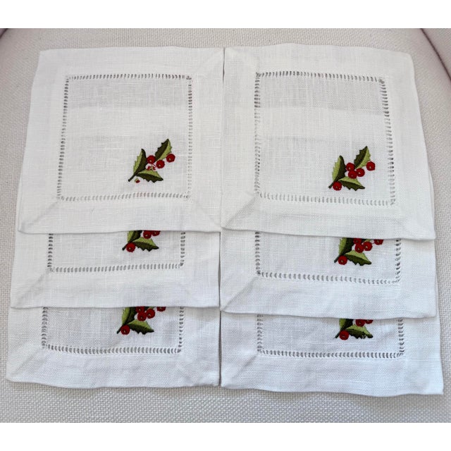 Rustic European Linen Hemstiched Embroidered Cocktail Napkins, S/6 For Sale - Image 3 of 4