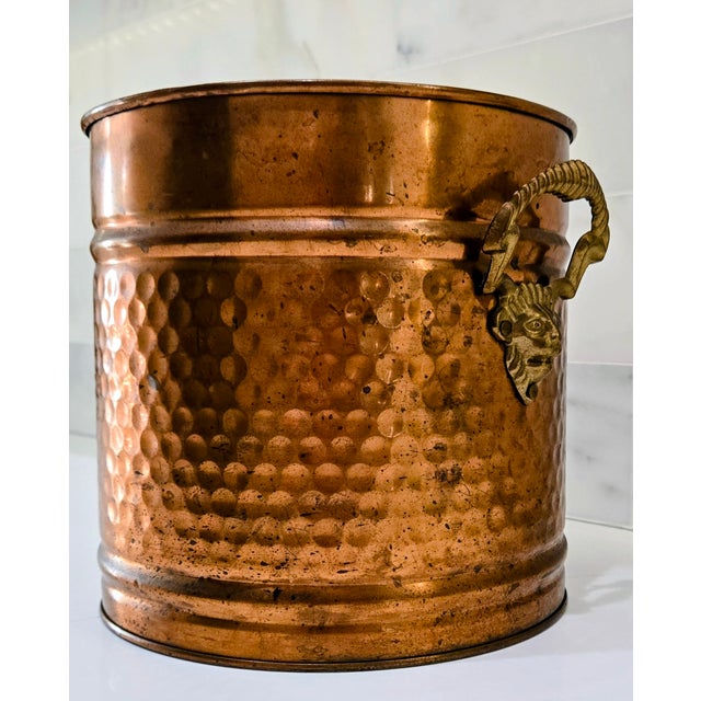 Vintage Hammered Copper Coal Scuttle Bucket With Brass Satyr Handle – Fireplace, Hearth, or Umbrella Stand For Sale - Image 4 of 11