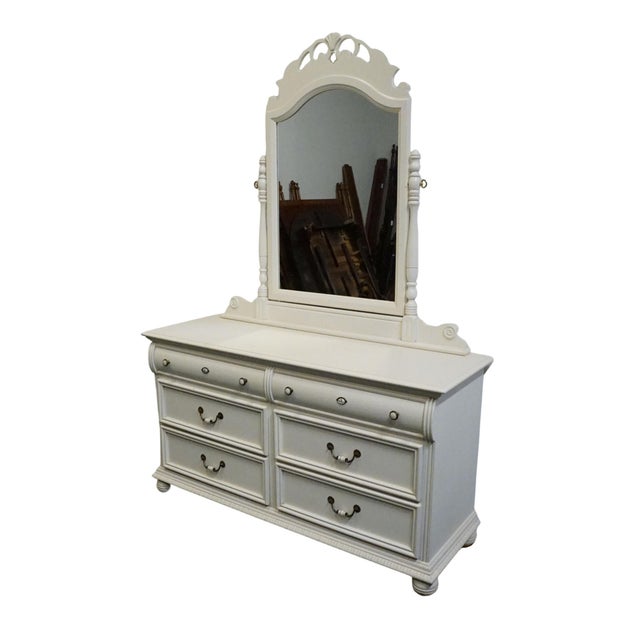 LEXINGTON FURNITURE Off White Painted Traditional Victorian Style 56" Double Dresser w. Swivel Mirror 509-222 / 509-207...
