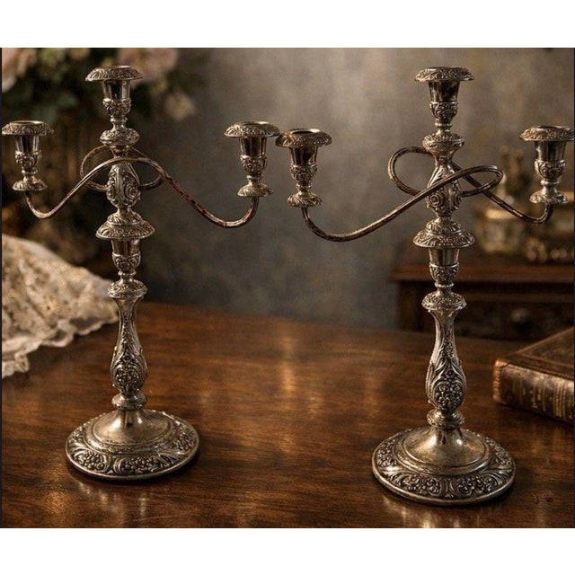 Vintage Heritage Rogers Bros Silverplate 3-Arm Candelabra Pair Beautiful pair of vintage silverplate candelabras by...