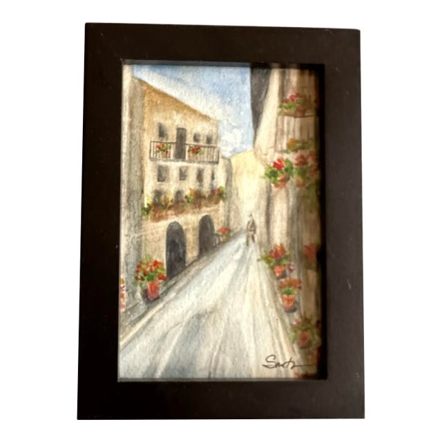 Charming Framed Original European Street Scene Watercolor by Nancy Smith For Sale