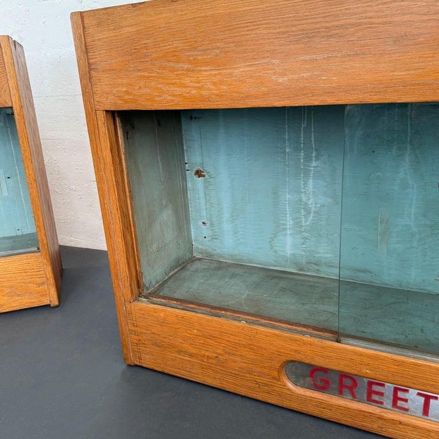 1940s Pair of Industrial Oak "Greeting Cards" Display Case Cabinets For Sale - Image 10 of 12