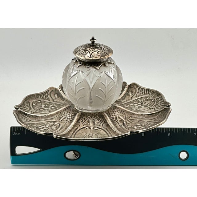 Outstanding Antique Victorian Hand Made London Sterling Silver & Hand Gut Crystal Inkwell - Circa 1865 For Sale - Image 16 of 18