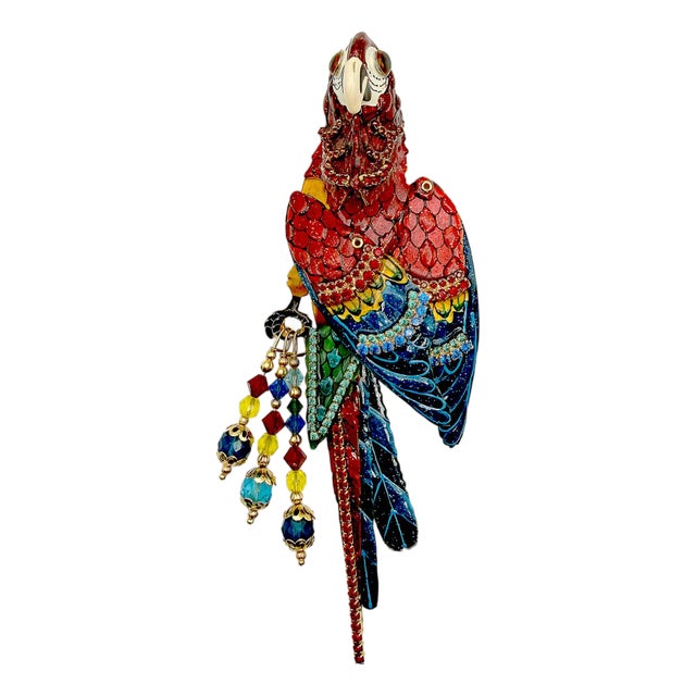 Vintage Lunch at the Ritz Macaw Parrot Brooch Moveable Enamel Statement Pin For Sale