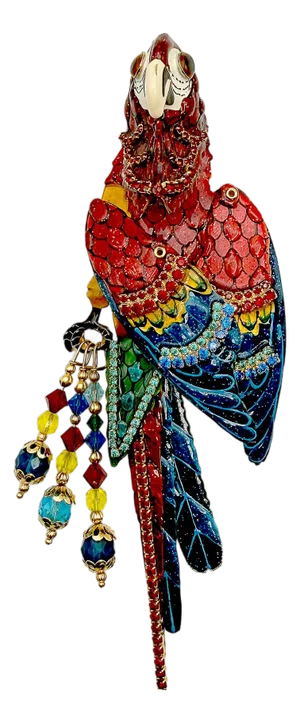 Vintage Lunch at the Ritz Macaw Parrot Brooch Moveable Enamel Statement Pin