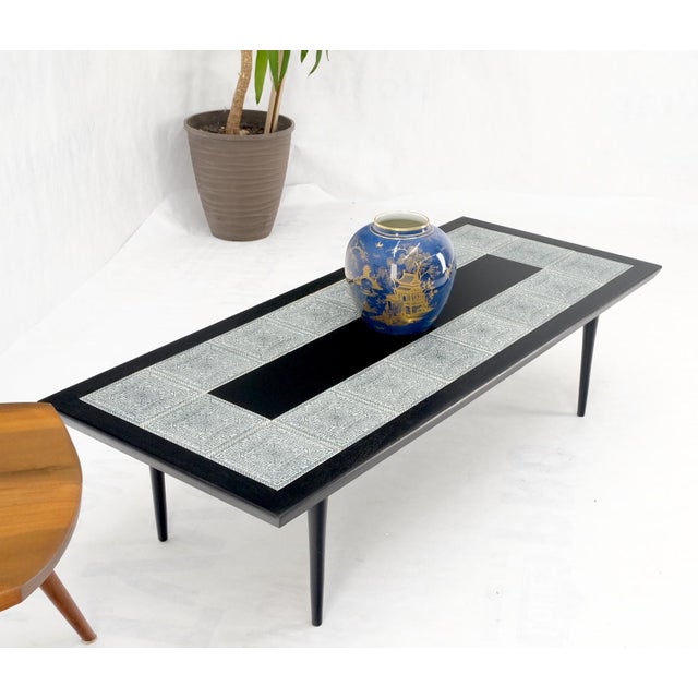 1970s Ebonised Walnut Tile Top Dowel Tapered Leg Knife Edge Mid-Century Coffee Table For Sale - Image 5 of 12