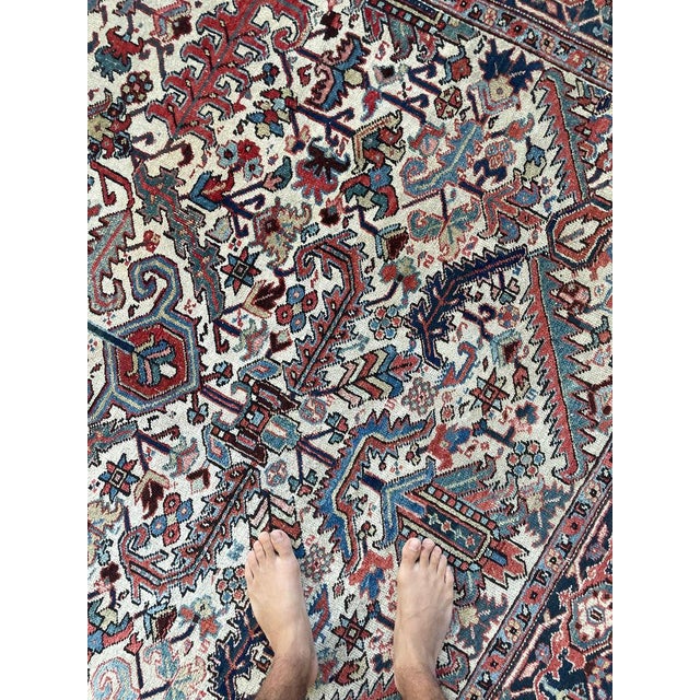 White Blooming Jungle Antique Heriz Eggshell Linen Ground Rug 8 x 11 For Sale - Image 8 of 13