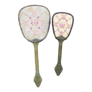 Antique English Ornate Embroidery Needlepoint Hand Mirror and Hair Brush Vanity Set of 2 For Sale