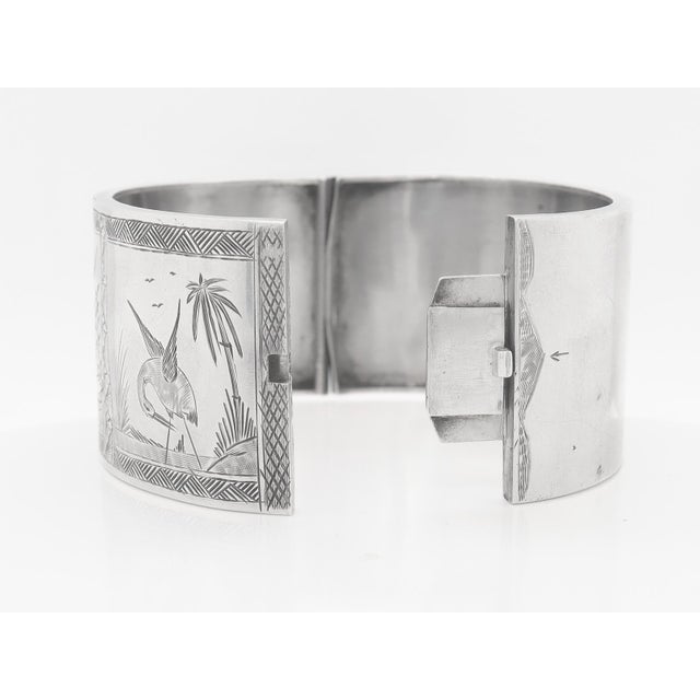 English Victorian Aesthetic Sterling Silver Bangle Bracelet With Scenes of Birds For Sale - Image 11 of 12