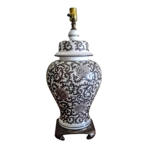 Vintage 70s Brown & White Chinoiserie Floral Ginger Jar Table Lamp