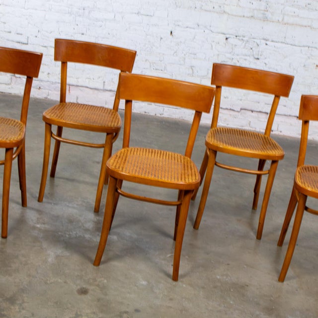 Marvelous vintage Bauhaus style beech bentwood dining chairs w/hand caned seats stamped “Made in Romania” which denotes...