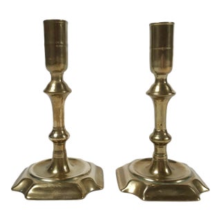 Brass Candlestick Holders With Square Bases, Pair For Sale