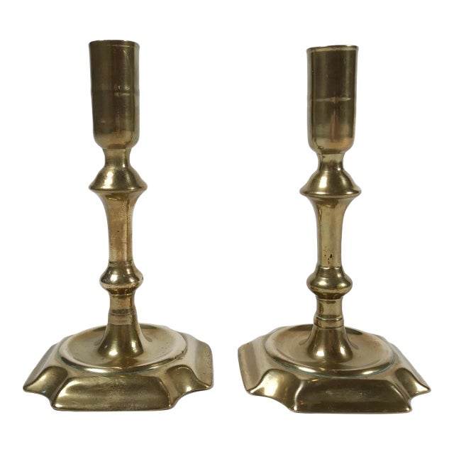 Late 20th CenturyBrass Candlestick Holders With Square Bases, Pair For Sale