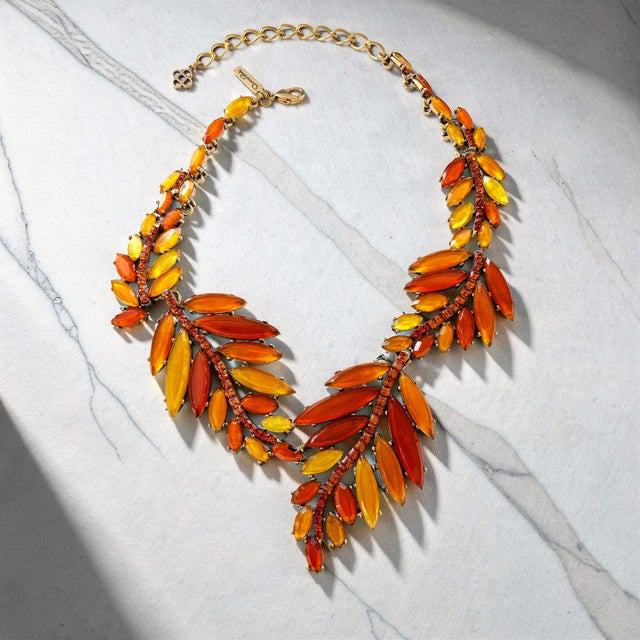 Contemporary Oscar De La Renta 22k Gold Plated Orange Amber Resin Leaf Statement Necklace For Sale - Image 3 of 13