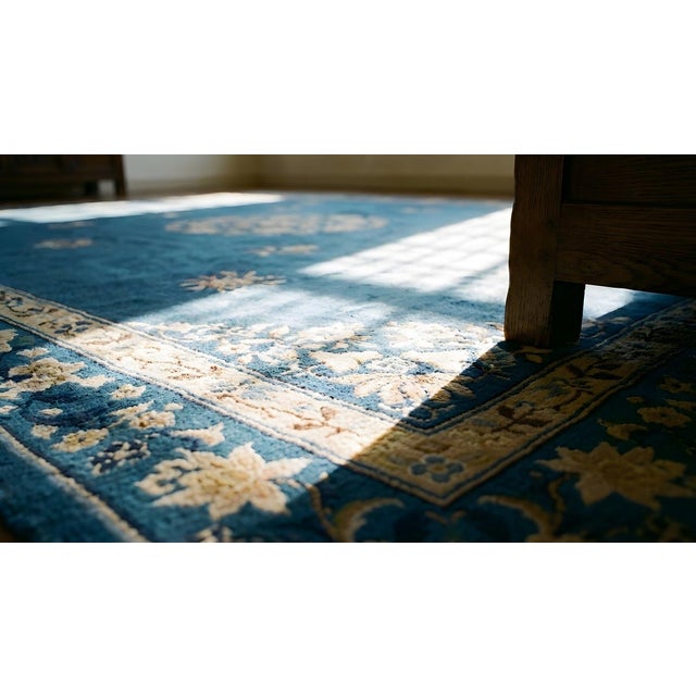 Excellent Navy Blue and Tan Beige With Deliciated Florid Antique Chinese Peking Rug For Sale - Image 9 of 9