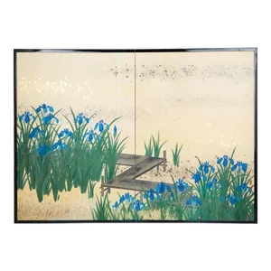 Late 20th Century Japanese Iris Bridge Violet Blue Flower Ikebana Byobu Screen