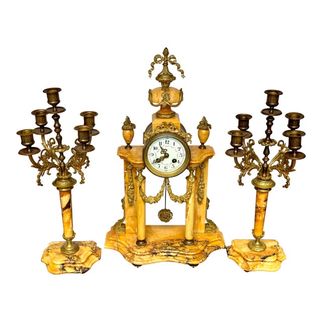 19th Century Louis XVI French Neoclassical Marble and Gilt Bronze Mantel Clock and 5 Arm Candelabra Garniture Set For Sale