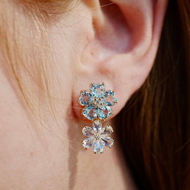 Nina Zhou 8.48ctw Island Blossoms Aquamarine Moonstone Diamond & Freshwater Pearl Convertible Drop Earrings For Sale In Los Angeles - Image 6 of 7