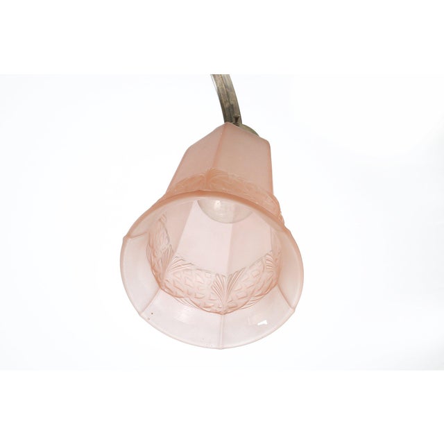 Metal Art Deco Chandelier with Etched Pink Glass Shades, 1930s For Sale - Image 7 of 10
