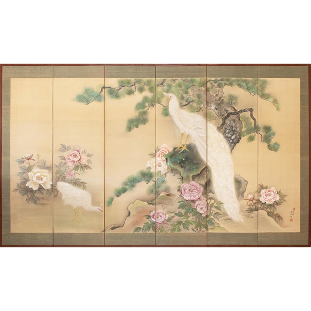 "White Peacock & Peony" by Ryumin, Large Vintage Japanese Painted Silk Byobu Screen For Sale - Image 18 of 18