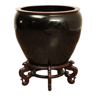 Early 21st Century Asian Style Large Black Ceramic Fish Bowl Planter on Stand For Sale