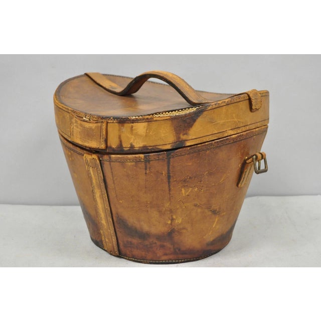 Antique Victorian Brown Leather Travel Case Hat Box W/ Miller of Ny Silk Top Hat For Sale - Image 10 of 18
