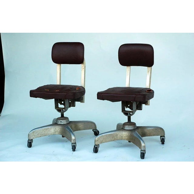 Vintage Mid Century Aged Industrial Office Swivel Chairs- A Pair For Sale - Image 4 of 7