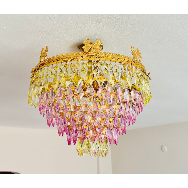 1970s Vintage Brass Butterfly Motif Flush Mount Chandelier With Pink & Green Crystals – 6 Light For Sale - Image 4 of 14