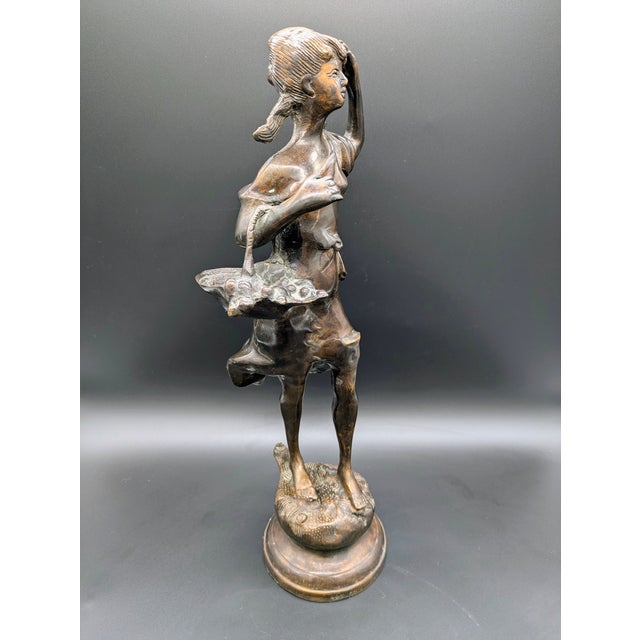 1900 - 1909 Antique Victorian-Style Bronze Sculpture: Girl With Basket For Sale - Image 5 of 10