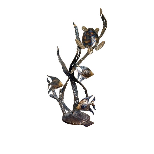 Artisan Metal Sea Turtle Sculpture Coastal Reef Statue Ocean Fish 19" 4.5 LBS For Sale