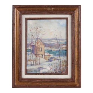 Vintage Original Peter Bela Mayer, Oil on Board, Rural Barn Snow Scene Painting For Sale