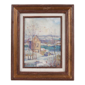 Vintage Original Peter Bela Mayer, Oil on Board, Rural Barn Snow Scene Painting