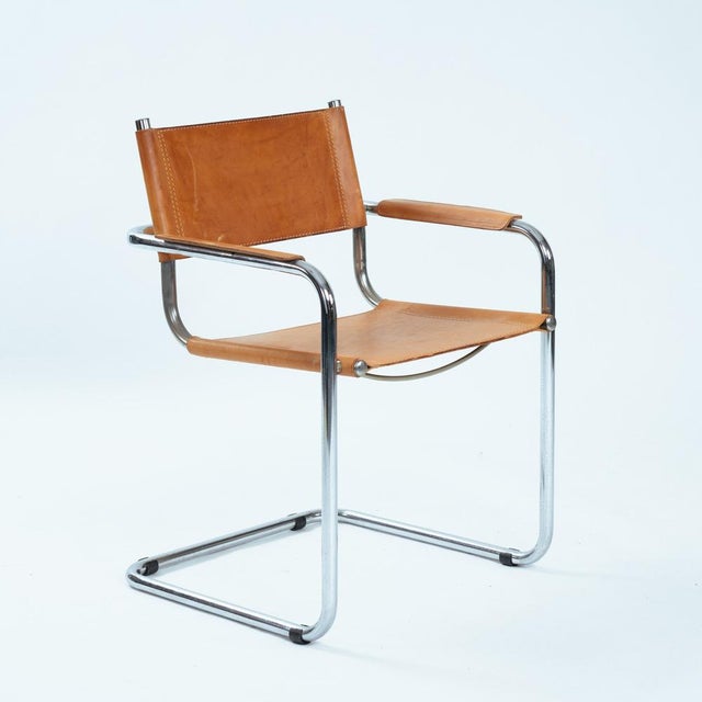 1970s Mid-Century Modern Metal Cantilever in Cognac Brown Leather, 1970s, Set of 4 For Sale - Image 5 of 18