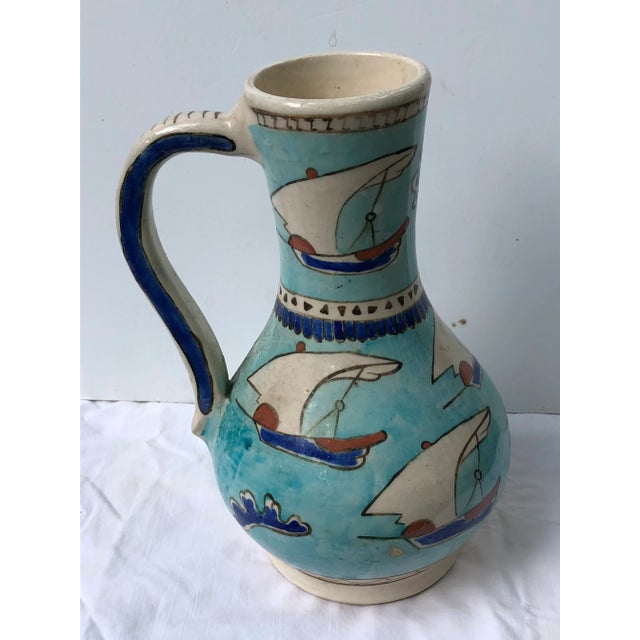 Turkish 1970s Turkish Blue Sailboat Pottery Jug or Vase For Sale - Image 3 of 7