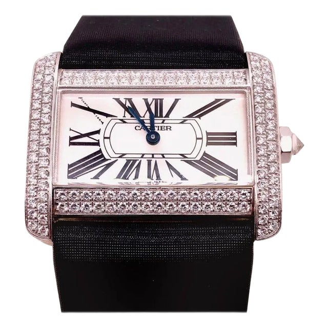 Cartier 18 Karat White Gold Mini Tank Divan Watch Diamond Paved Case For Sale