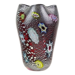 Murano AVeM Vintage Red Millefiori Flowers Murrine Silver Flecks Italian Art Glass Pinched Rim Flower Vase For Sale